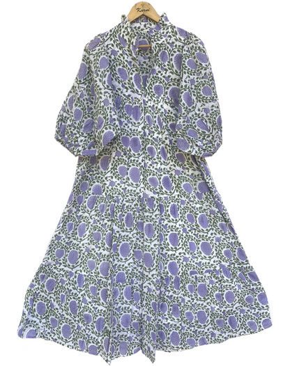 White Lavender Floral Block Print Cotton Midi Dress – Boho Handmade Tiered Dress with Puff Sleeves