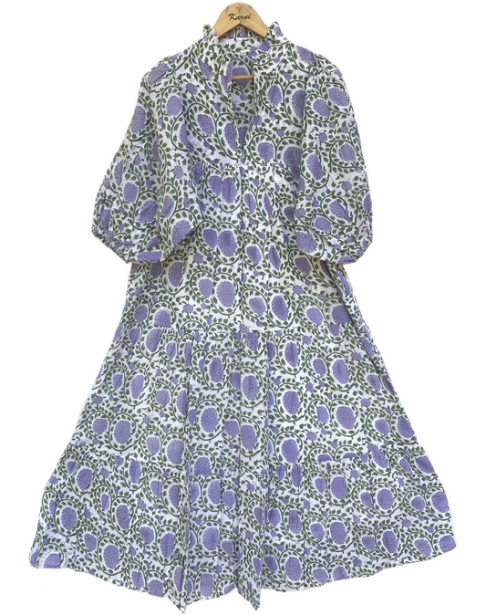 White Lavender Floral Block Print Cotton Midi Dress – Boho Handmade Tiered Dress with Puff Sleeves