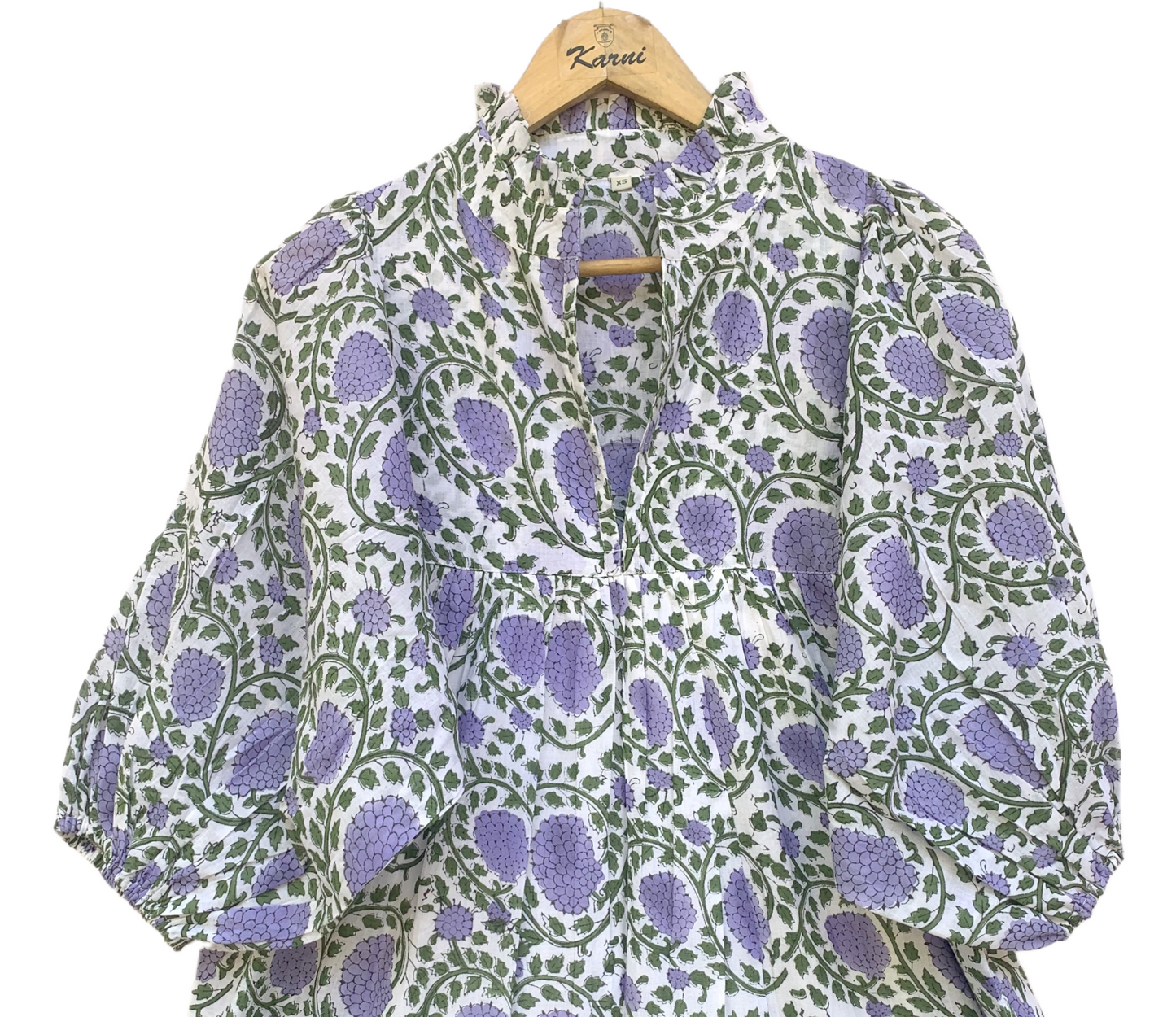 White Lavender Floral Block Print Cotton Midi Dress – Boho Handmade Tiered Dress with Puff Sleeves