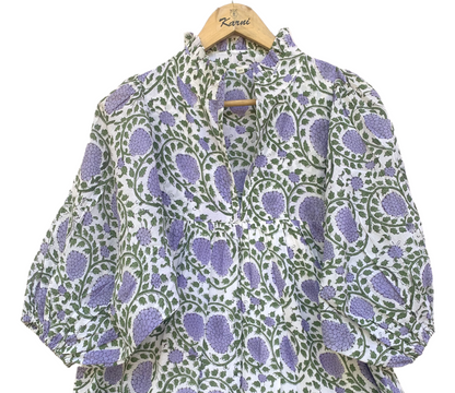 White Lavender Floral Block Print Cotton Midi Dress – Boho Handmade Tiered Dress with Puff Sleeves