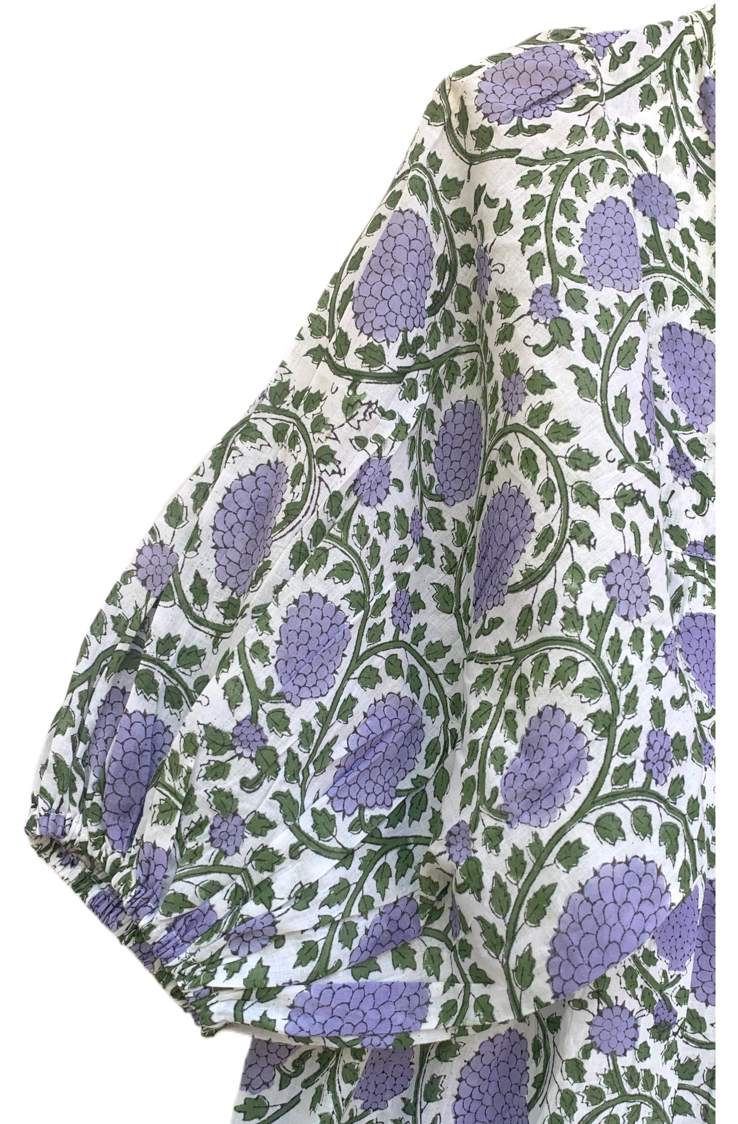 White Lavender Floral Block Print Cotton Midi Dress – Boho Handmade Tiered Dress with Puff Sleeves