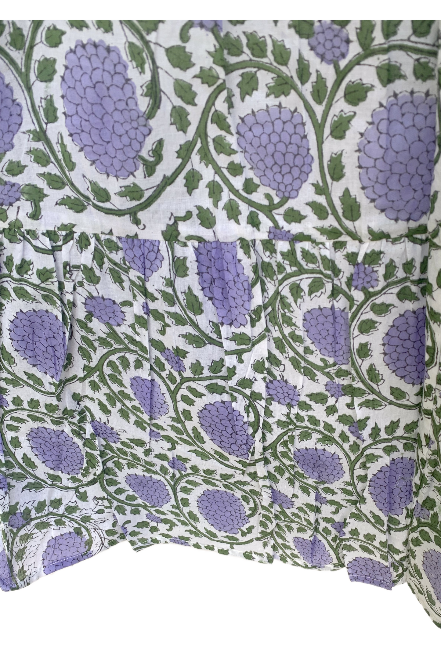 White Lavender Floral Block Print Cotton Midi Dress – Boho Handmade Tiered Dress with Puff Sleeves