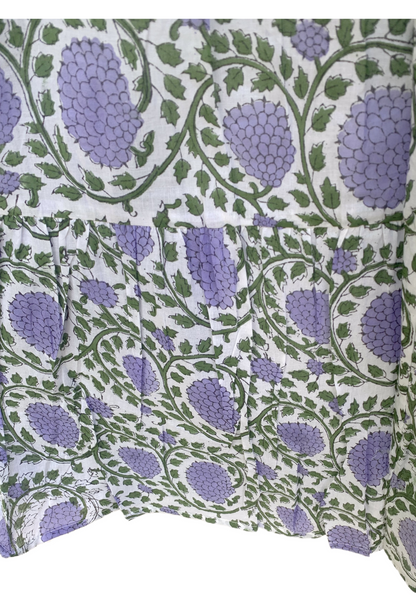 White Lavender Floral Block Print Cotton Midi Dress – Boho Handmade Tiered Dress with Puff Sleeves