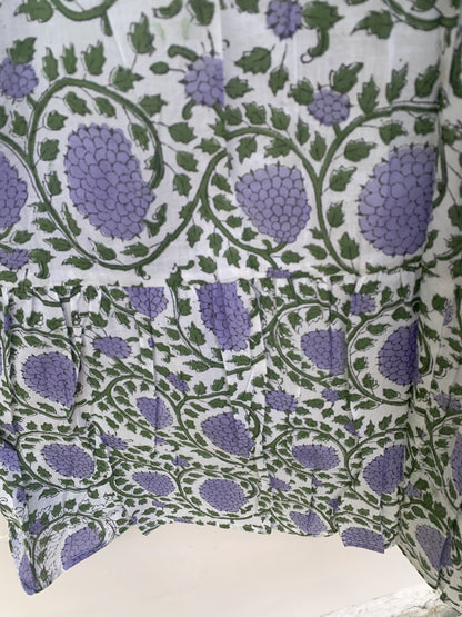 White Lavender Floral Block Print Cotton Midi Dress – Boho Handmade Tiered Dress with Puff Sleeves