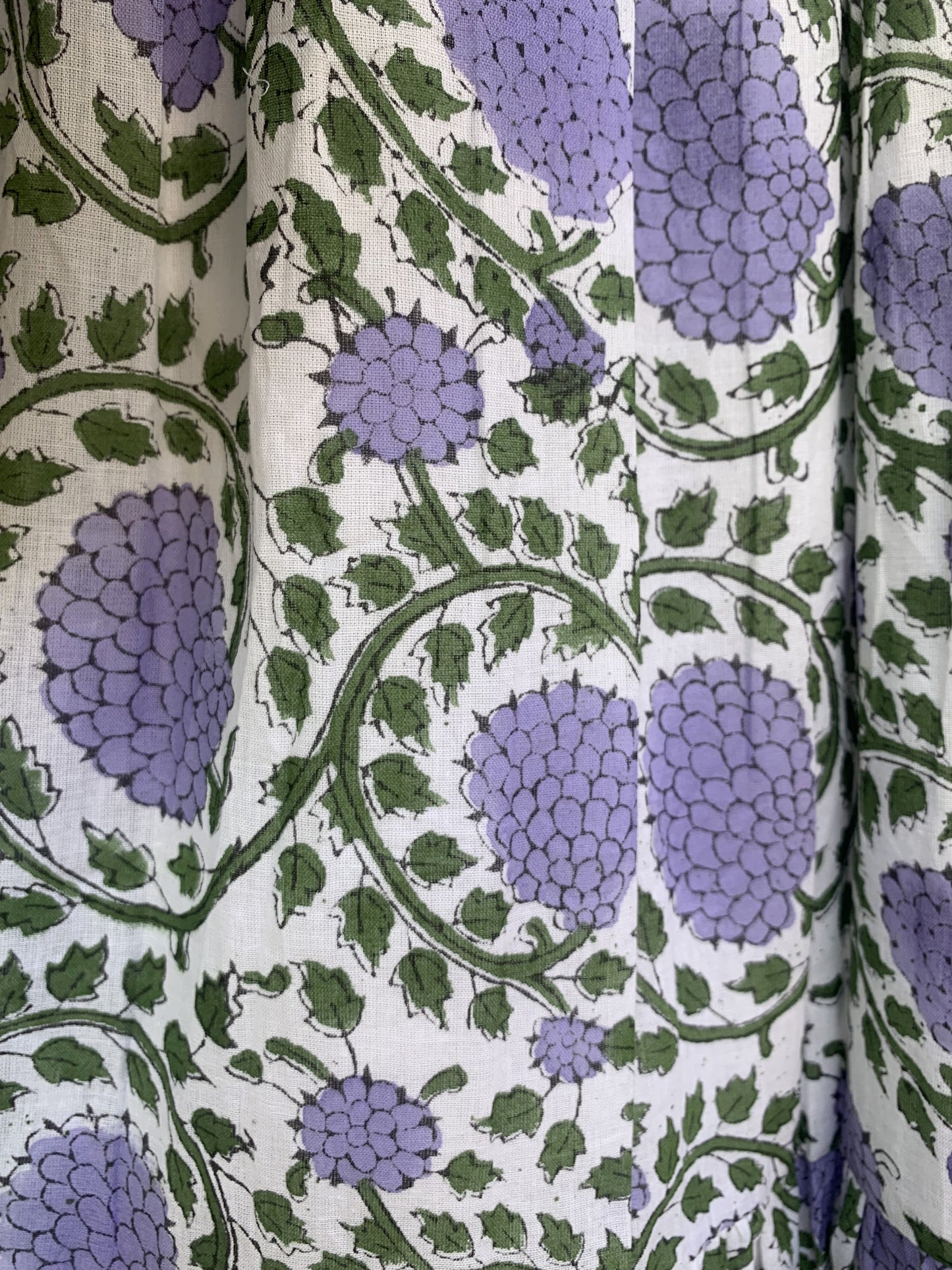 White Lavender Floral Block Print Cotton Midi Dress – Boho Handmade Tiered Dress with Puff Sleeves