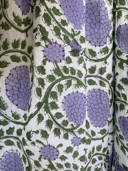 White Lavender Floral Block Print Cotton Midi Dress – Boho Handmade Tiered Dress with Puff Sleeves