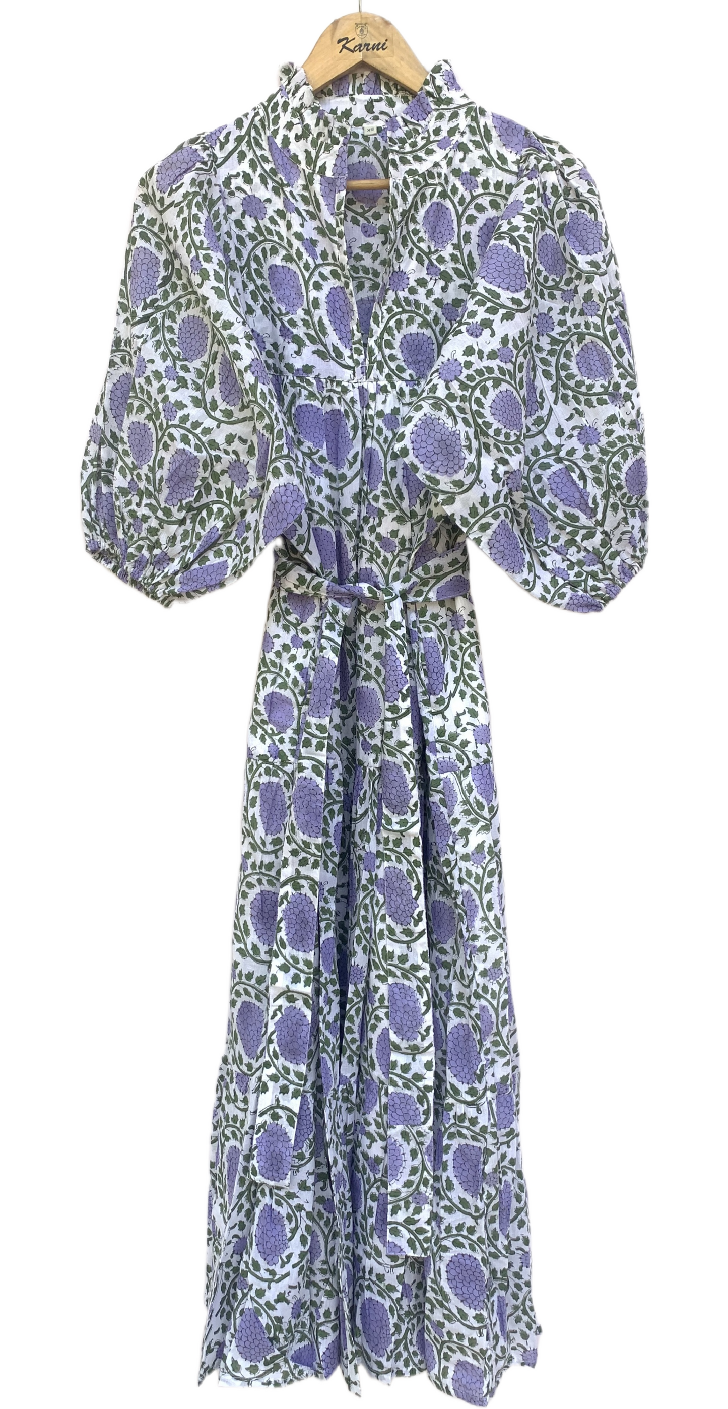 White Lavender Floral Block Print Cotton Midi Dress – Boho Handmade Tiered Dress with Puff Sleeves