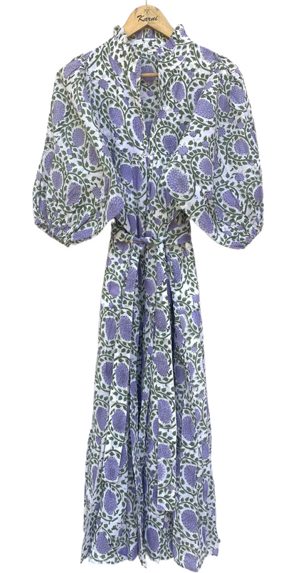 White Lavender Floral Block Print Cotton Midi Dress – Boho Handmade Tiered Dress with Puff Sleeves