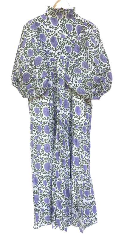 White Lavender Floral Block Print Cotton Midi Dress – Boho Handmade Tiered Dress with Puff Sleeves