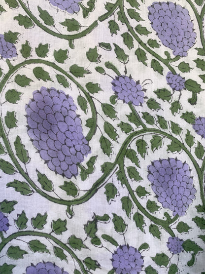 White Lavender Floral Block Print Cotton Midi Dress – Boho Handmade Tiered Dress with Puff Sleeves