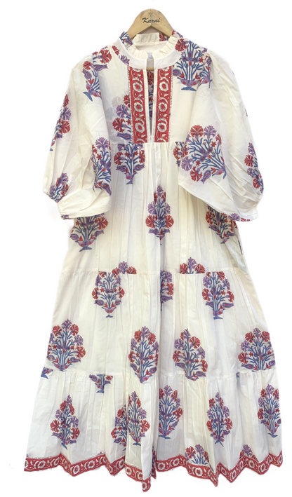 Ivory Red Blue Floral Block Print Cotton Midi Dress – Boho Handmade Tiered Dress with Puff Sleeves & Contrast Yoke