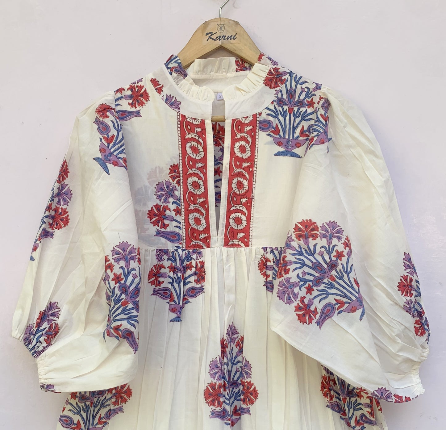 Ivory Red Blue Floral Block Print Cotton Midi Dress – Boho Handmade Tiered Dress with Puff Sleeves & Contrast Yoke