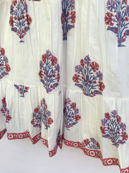 Ivory Red Blue Floral Block Print Cotton Midi Dress – Boho Handmade Tiered Dress with Puff Sleeves & Contrast Yoke