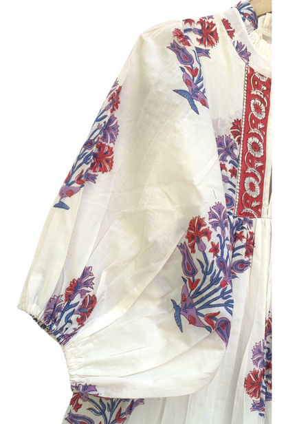 Ivory Red Blue Floral Block Print Cotton Midi Dress – Boho Handmade Tiered Dress with Puff Sleeves & Contrast Yoke