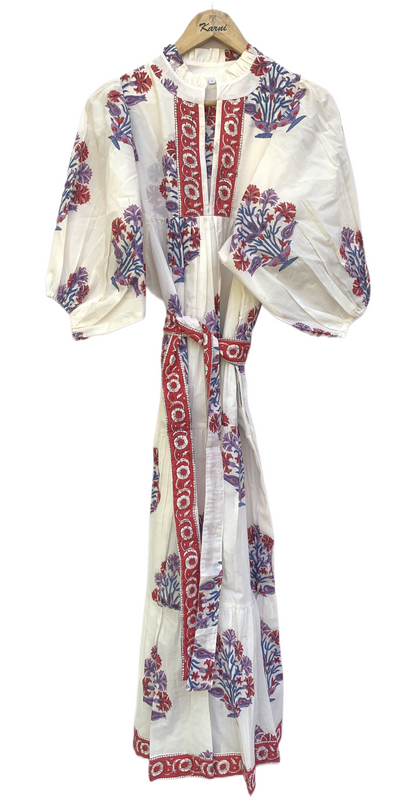 Ivory Red Blue Floral Block Print Cotton Midi Dress – Boho Handmade Tiered Dress with Puff Sleeves & Contrast Yoke