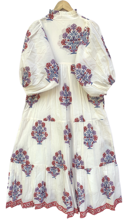 Ivory Red Blue Floral Block Print Cotton Midi Dress – Boho Handmade Tiered Dress with Puff Sleeves & Contrast Yoke