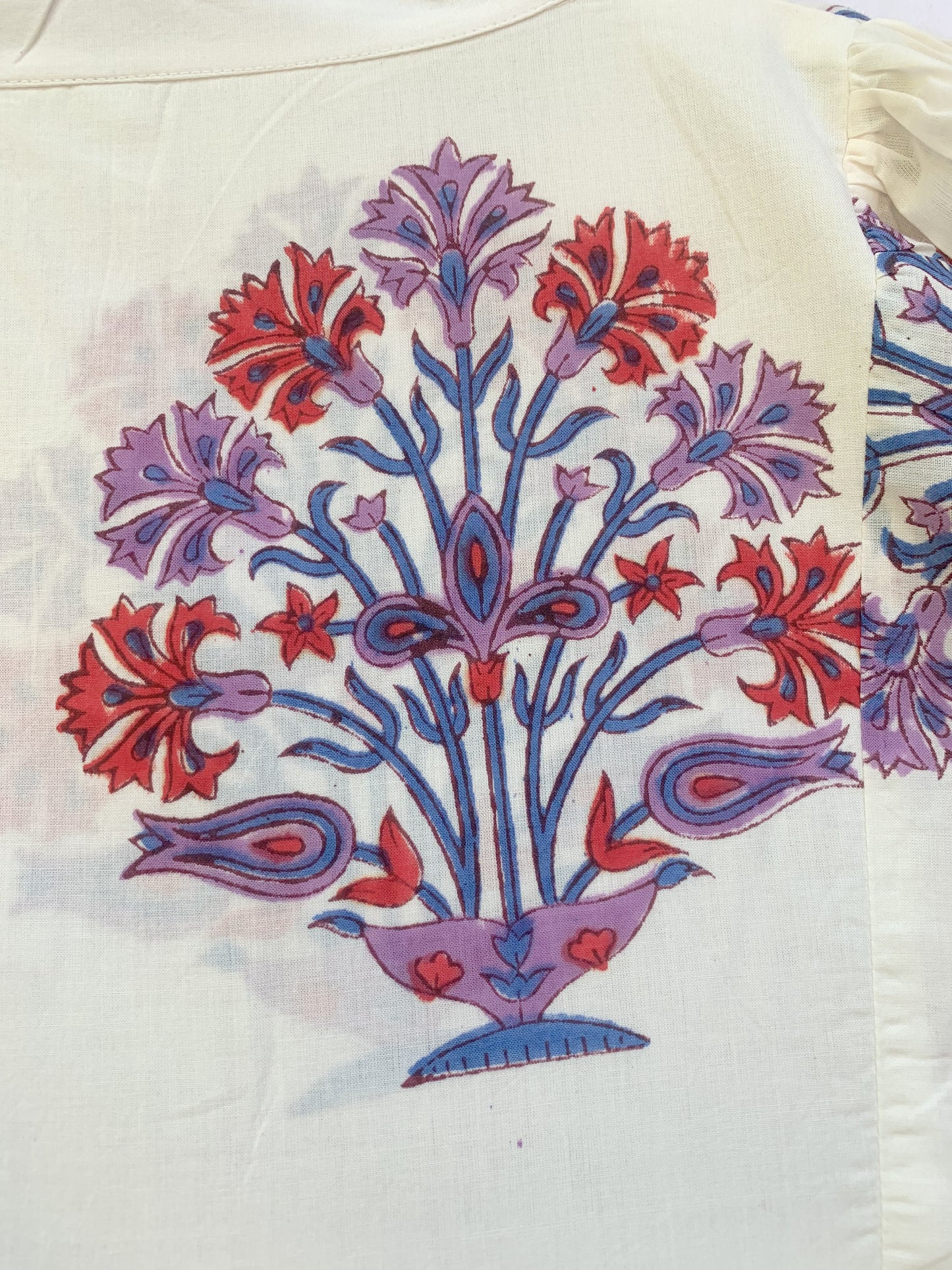 Ivory Red Blue Floral Block Print Cotton Midi Dress – Boho Handmade Tiered Dress with Puff Sleeves & Contrast Yoke