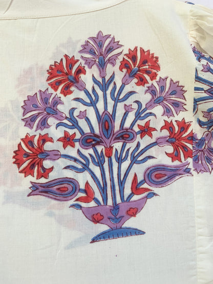 Ivory Red Blue Floral Block Print Cotton Midi Dress – Boho Handmade Tiered Dress with Puff Sleeves & Contrast Yoke