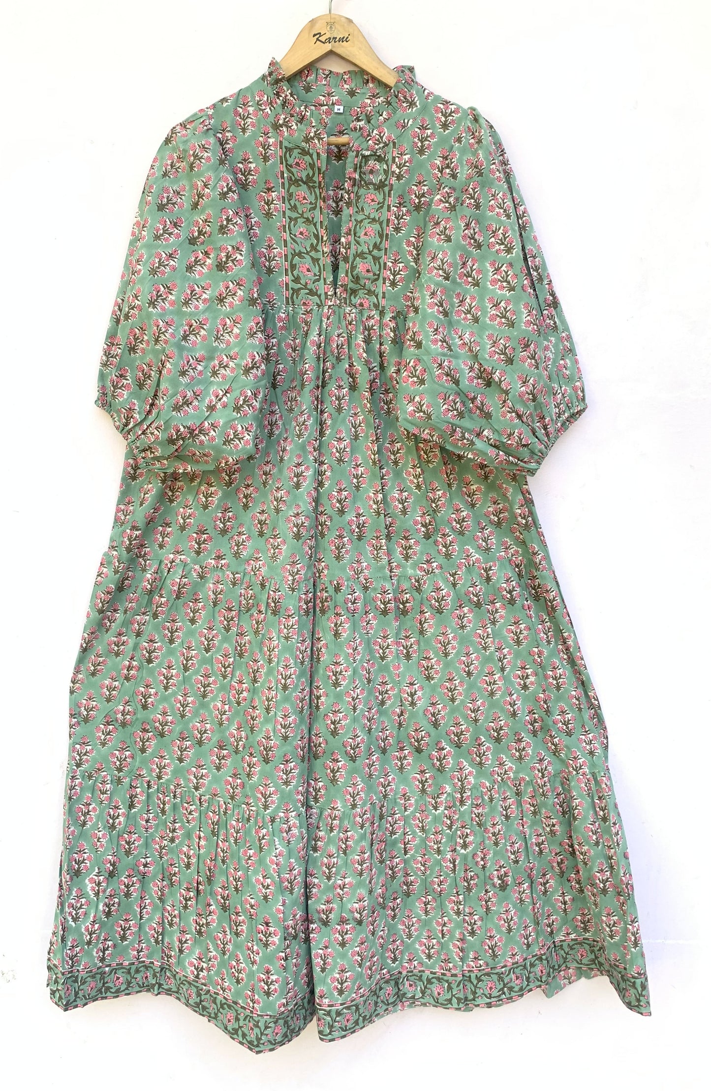 Sage Green Pink Floral Block Print Cotton Midi Dress – Boho Handmade Tiered Dress with Puff Sleeves & Contrast Yoke