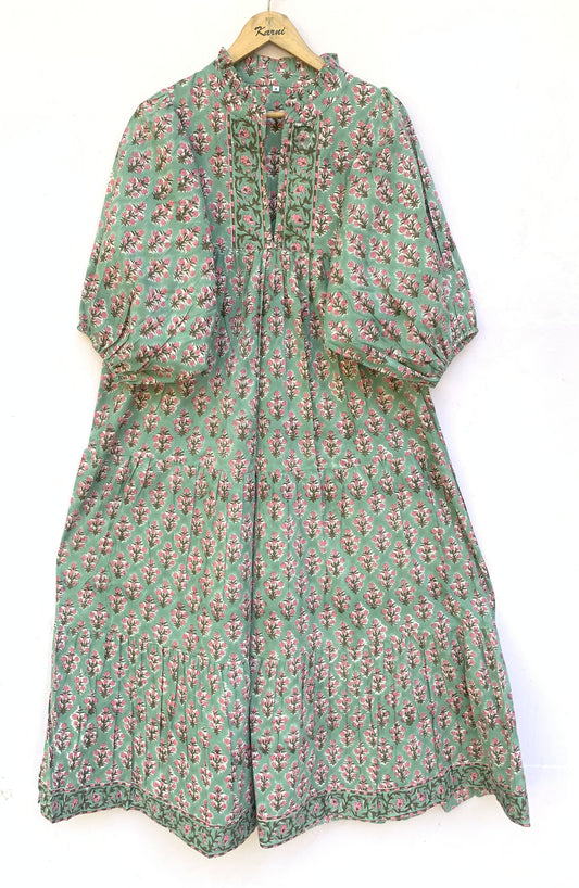 Sage Green Pink Floral Block Print Cotton Midi Dress – Boho Handmade Tiered Dress with Puff Sleeves & Contrast Yoke
