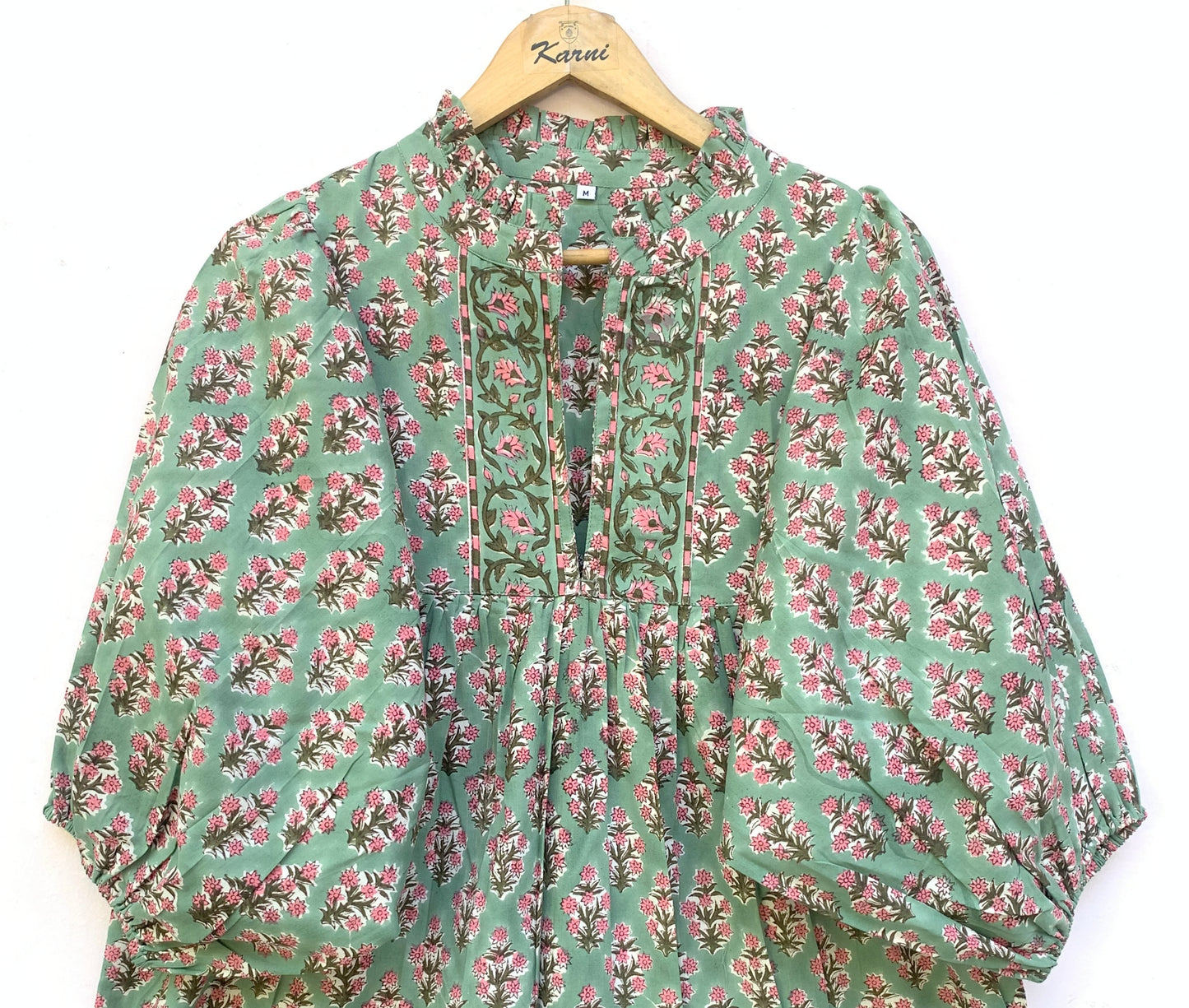 Sage Green Pink Floral Block Print Cotton Midi Dress – Boho Handmade Tiered Dress with Puff Sleeves & Contrast Yoke