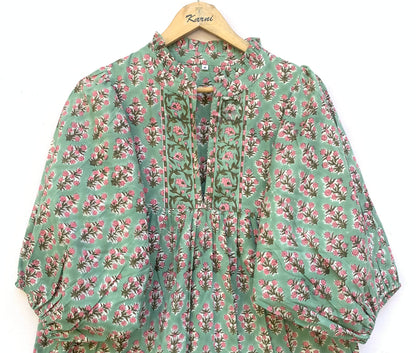 Sage Green Pink Floral Block Print Cotton Midi Dress – Boho Handmade Tiered Dress with Puff Sleeves & Contrast Yoke