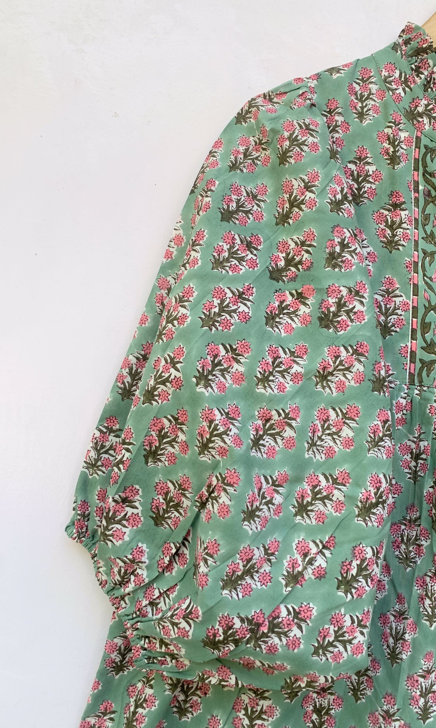 Sage Green Pink Floral Block Print Cotton Midi Dress – Boho Handmade Tiered Dress with Puff Sleeves & Contrast Yoke