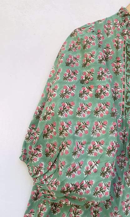 Sage Green Pink Floral Block Print Cotton Midi Dress – Boho Handmade Tiered Dress with Puff Sleeves & Contrast Yoke