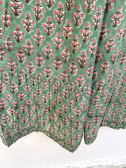 Sage Green Pink Floral Block Print Cotton Midi Dress – Boho Handmade Tiered Dress with Puff Sleeves & Contrast Yoke