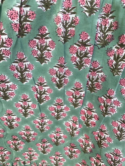 Sage Green Pink Floral Block Print Cotton Midi Dress – Boho Handmade Tiered Dress with Puff Sleeves & Contrast Yoke