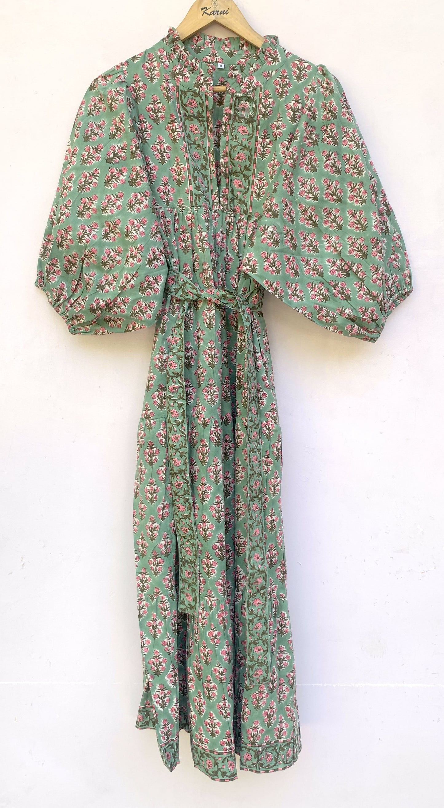 Sage Green Pink Floral Block Print Cotton Midi Dress – Boho Handmade Tiered Dress with Puff Sleeves & Contrast Yoke