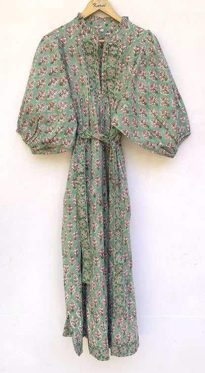 Sage Green Pink Floral Block Print Cotton Midi Dress – Boho Handmade Tiered Dress with Puff Sleeves & Contrast Yoke