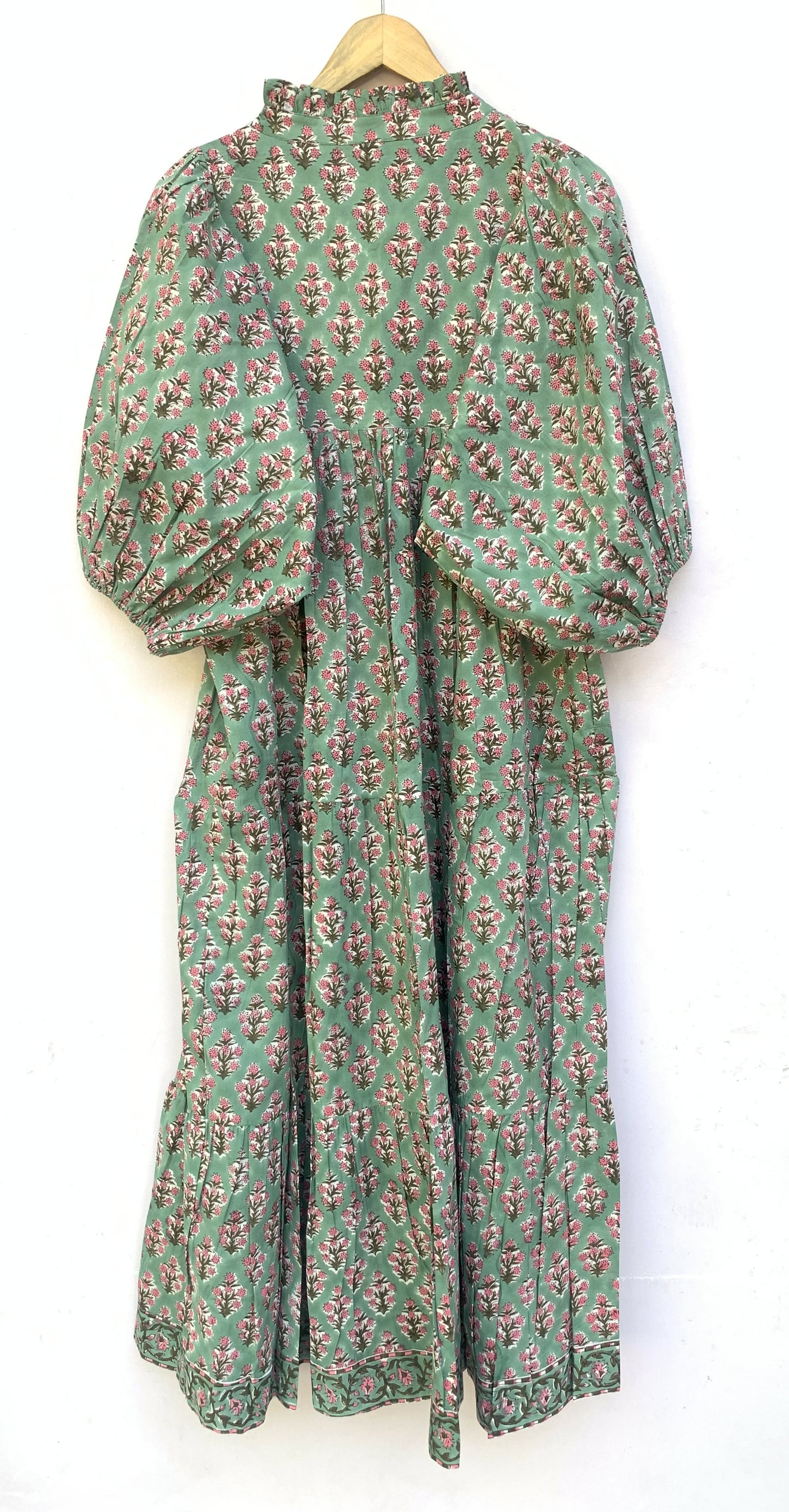 Sage Green Pink Floral Block Print Cotton Midi Dress – Boho Handmade Tiered Dress with Puff Sleeves & Contrast Yoke