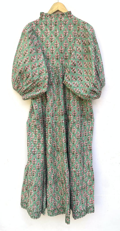 Sage Green Pink Floral Block Print Cotton Midi Dress – Boho Handmade Tiered Dress with Puff Sleeves & Contrast Yoke