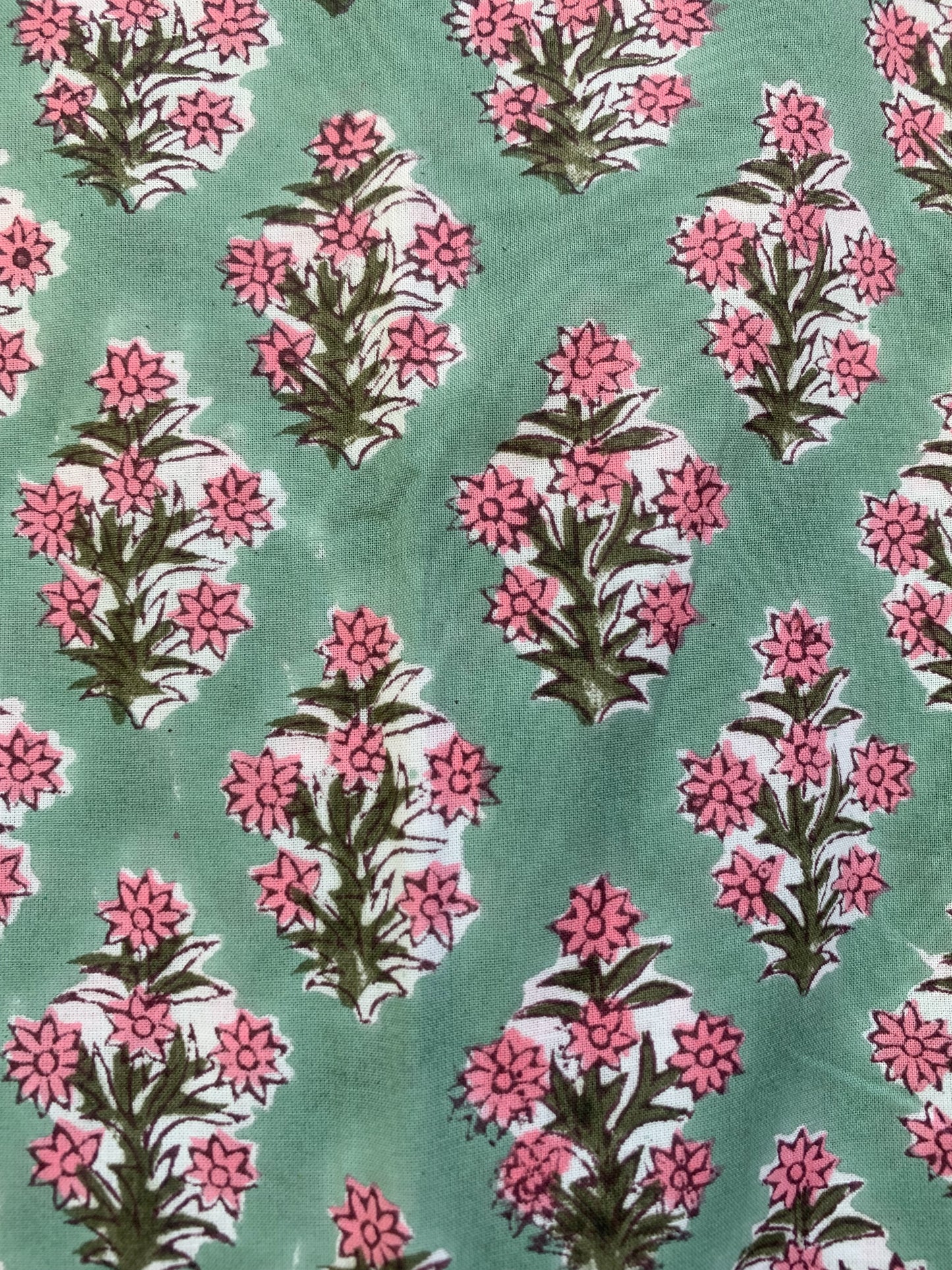 Sage Green Pink Floral Block Print Cotton Midi Dress – Boho Handmade Tiered Dress with Puff Sleeves & Contrast Yoke