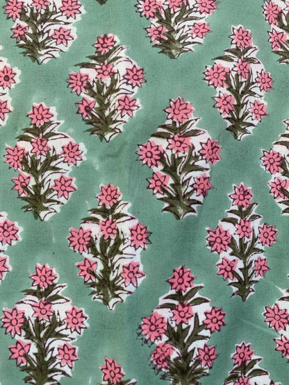 Sage Green Pink Floral Block Print Cotton Midi Dress – Boho Handmade Tiered Dress with Puff Sleeves & Contrast Yoke