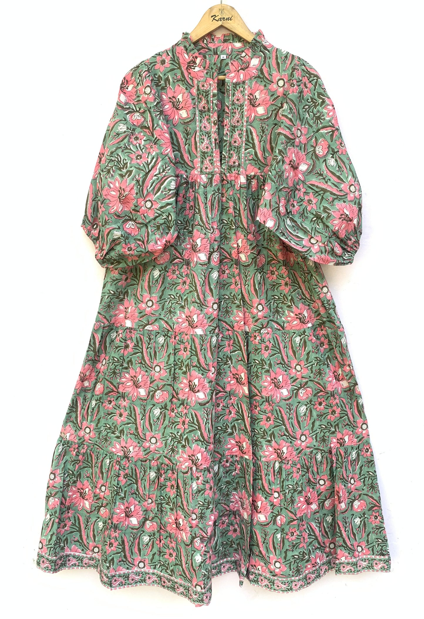 Green Pink Floral Block Print Cotton Midi Dress – Boho Handmade Tiered Dress with Puff Sleeves & Contrast Yoke