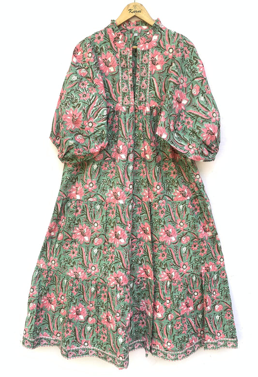 Green Pink Floral Block Print Cotton Midi Dress – Boho Handmade Tiered Dress with Puff Sleeves & Contrast Yoke