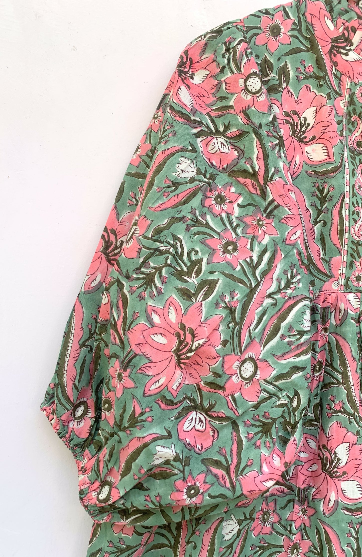 Green Pink Floral Block Print Cotton Midi Dress – Boho Handmade Tiered Dress with Puff Sleeves & Contrast Yoke