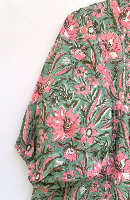 Green Pink Floral Block Print Cotton Midi Dress – Boho Handmade Tiered Dress with Puff Sleeves & Contrast Yoke