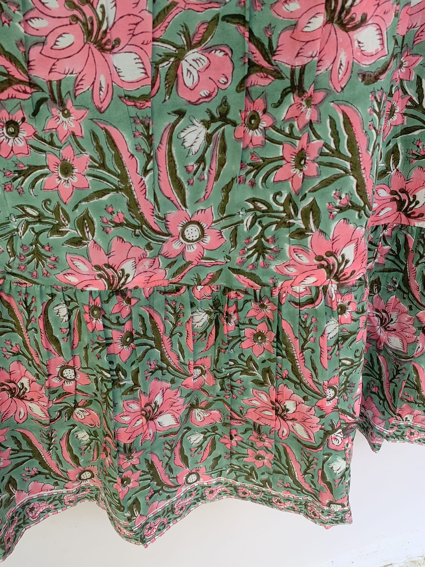 Green Pink Floral Block Print Cotton Midi Dress – Boho Handmade Tiered Dress with Puff Sleeves & Contrast Yoke