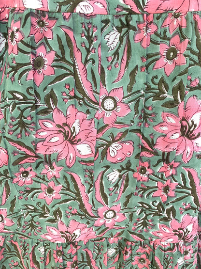 Green Pink Floral Block Print Cotton Midi Dress – Boho Handmade Tiered Dress with Puff Sleeves & Contrast Yoke