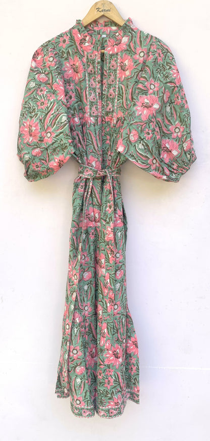 Green Pink Floral Block Print Cotton Midi Dress – Boho Handmade Tiered Dress with Puff Sleeves & Contrast Yoke