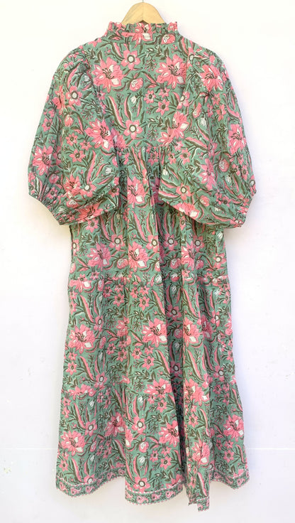 Green Pink Floral Block Print Cotton Midi Dress – Boho Handmade Tiered Dress with Puff Sleeves & Contrast Yoke