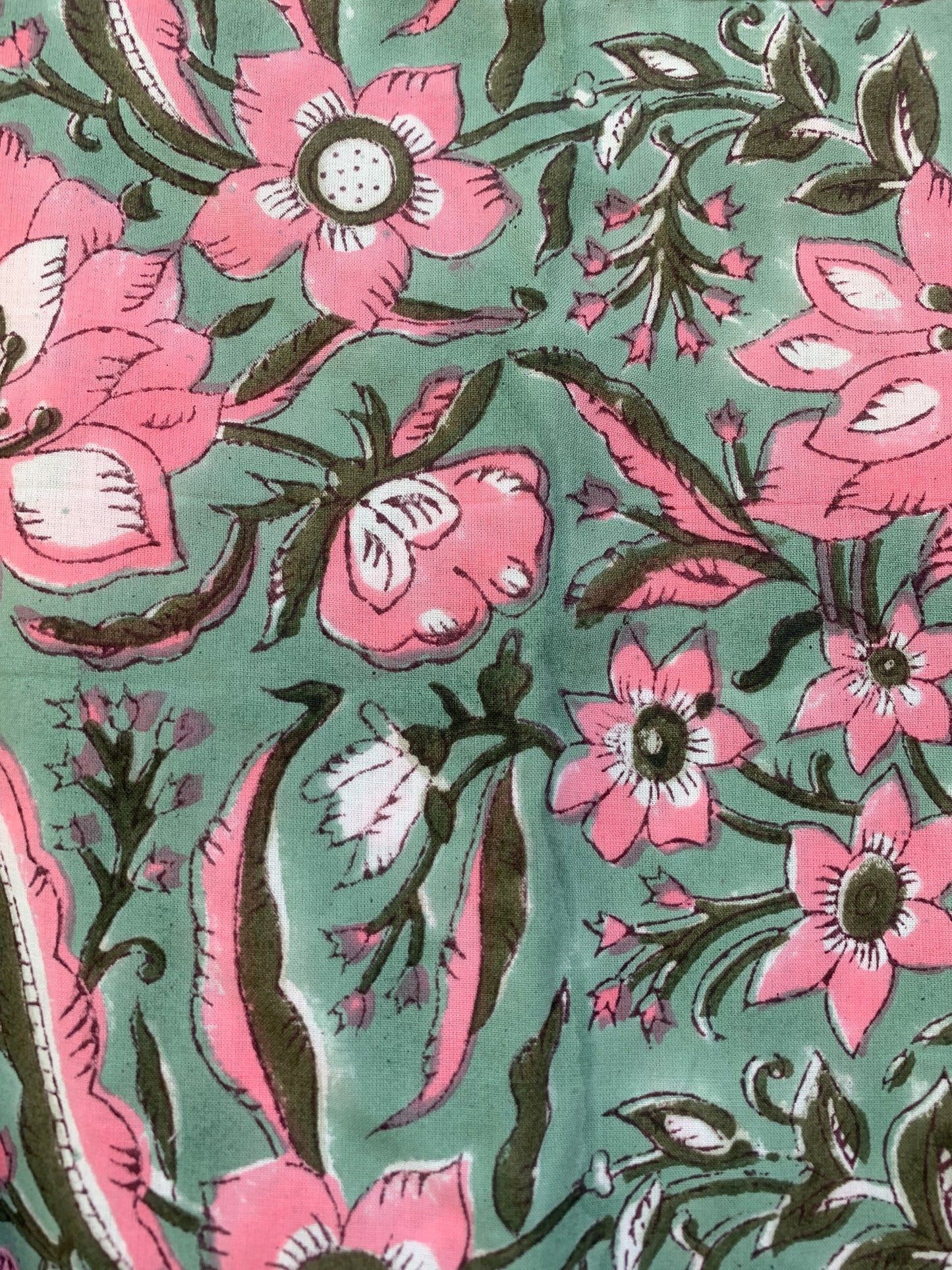 Green Pink Floral Block Print Cotton Midi Dress – Boho Handmade Tiered Dress with Puff Sleeves & Contrast Yoke