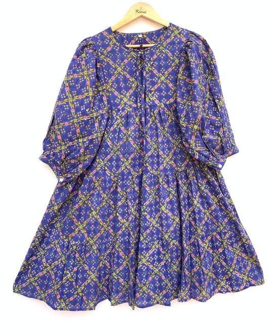 indigo blue cotton mini dress with yellow and pink detailing
