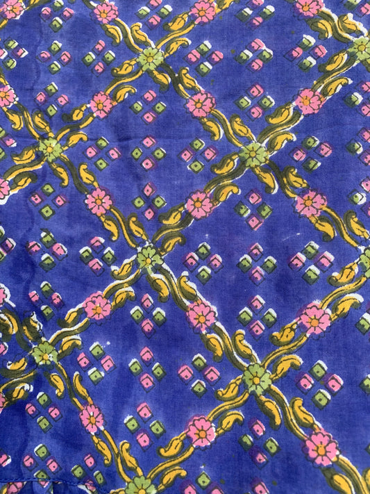 indigo blue cotton mini dress with yellow and pink detailing