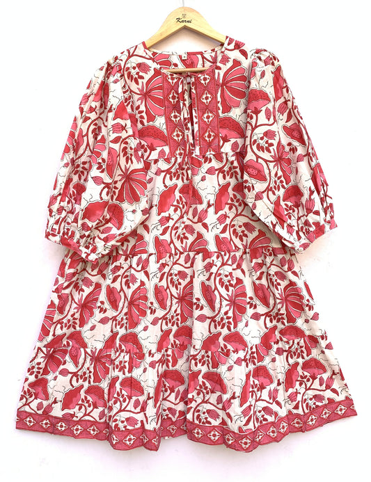 white mini cotton dress with pink multifloral print for women