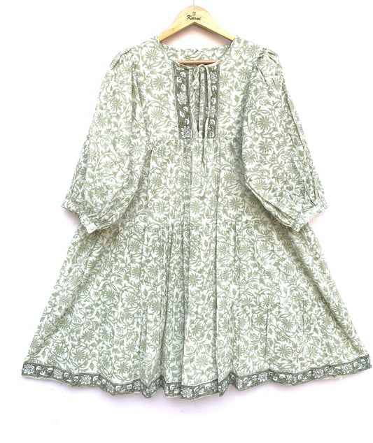 white and pale green floral mini cotton dress for women