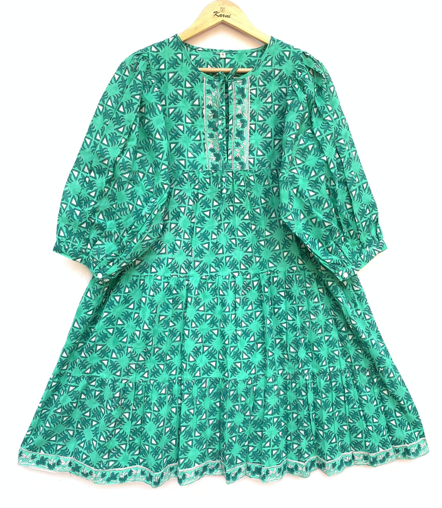bright green mini dress with hand block print